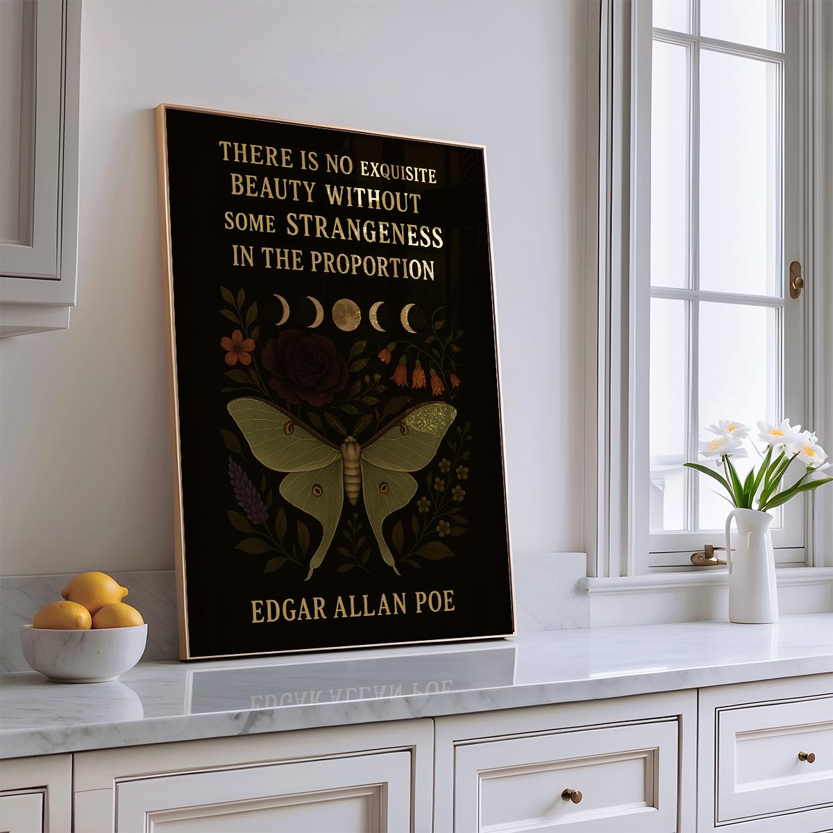 Edgar Allan Poe Quote Wall Art Gothic Dark Academia Print Luna Moth Moon Phases Botanical Vintage Literature Poster