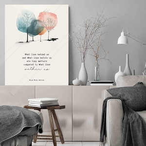 May include: A watercolor painting of three trees with a quote by Ralph Waldo Emerson: "What lies behind us and what lies before us are tiny matters compared to what lies within us."