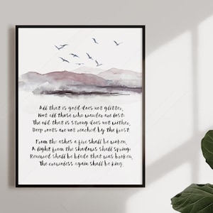 May include: Framed art print featuring a watercolor landscape with mountains and flying birds. The artwork includes a poem with inspirational text in a handwritten style. The frame is black.