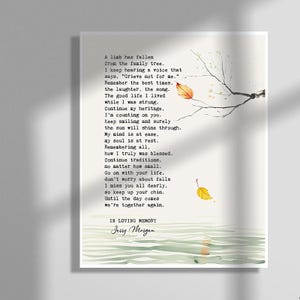 Puede incluir: Una pintura de acuarela de una rama de árbol con hojas que caen. El texto dice: "Una rama se ha caído del árbol familiar. Sigo escuchando una voz que dice: 'No te aflijas por mí'. Recuerda los mejores momentos, la risa, la canción. La buena vida que viví mientras era fuerte. Continúa mi herencia. Cuento contigo. Sigue sonriendo y seguramente el sol brillará a través. Mi mente está en paz, mi alma está en reposo. Recordando todo, lo bendecido que realmente fui. Continúa las tradiciones, no importa cuán pequeñas sean. Sigue con tu vida, no te preocupes por las caídas Te extraño mucho a todos, así que mantén la barbilla en alto. Hasta el día en que volvamos a estar juntos." El texto va seguido de "En memoria cariñosa, Jerry Morgan."