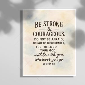 Joshua 1:9 Bible Verse Wall Art Be Strong and Courageous Print Christian Scripture Watercolor Inspirational Quote Religious Home Decor