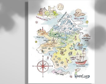 Neverland Map Watercolor Print Peter Pan Nursery Wall Art Kids Room Decor Fantasy Artwork