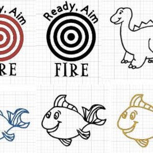 May include: Three images of targets with the words "Ready, Aim, Fire" above them. The targets are red and white, black and white, and a black outline. Below the targets are three images of cartoon fish. The fish are blue, black, and gold.