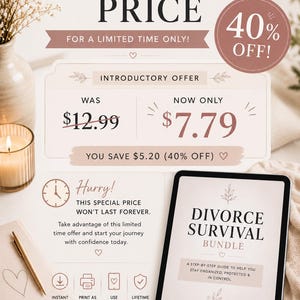 Puede incluir: Gráfico promocional para un "Divorce Survival Bundle" con texto que incluye "Precio de introducción" y "¡40% de descuento!" Una tableta muestra el título del paquete. La imagen incluye una vela, un bolígrafo y detalles florales.