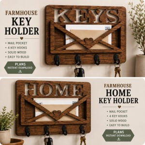 May include: A rectangular solid wood wall-mounted organizer featuring a mail pocket and four black metal hooks for keys. The top section is laser-cut with the word KEYS or HOME. The front of the pocket displays a decorative heart-shaped cutout.