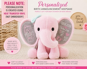 Personalized Elephant Birth Announcement Plush | Custom Baby Shower Gift | Newborn Keepsake