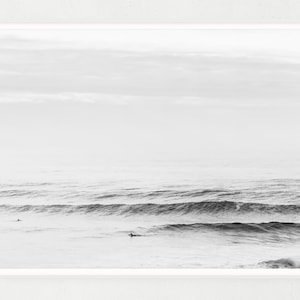 Black and White Surf Print – 11x14 Ocean Photography – Minimalist Beach Wall Art with Surfers and Waves – Unframed Coastal Decor