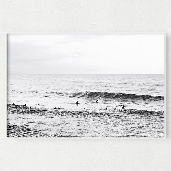 Black and White Surf Scene Canvas, Vintage Surf Beach Photo, Surf Photography Landscape Print, Large Panoramic Beach Wall Art, Surf Poster