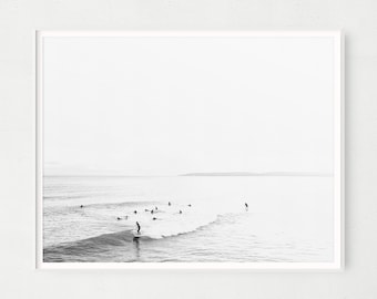 Black and White Surf Scene Poster, Vintage Style Surf Art Digital Print, Minimalist Coastal Beach Scene Wall Art, Large Ocean Wall Art