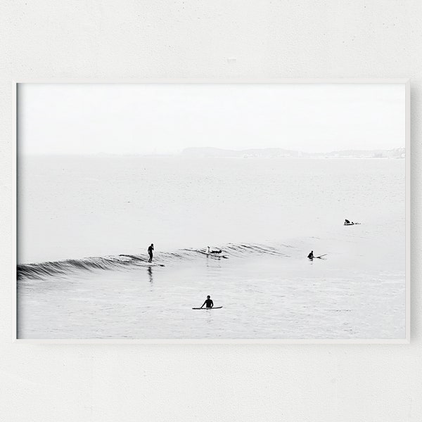 Black and White Vintage Surf Print, Large Beach Photo Canvas, Retro Surfing Poster, Minimalistic Beach Home Ocean Wall Art, Longboard Print