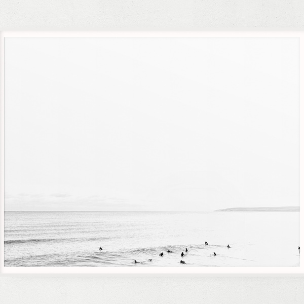 Black and White Surf Scene, Minimalist Surfing Coastal Home Decor, Large Beach Photo Canvas, Bedroom Ocean Wall Art, Minimalist Beach Print