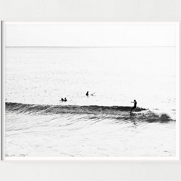 Black and White Surf Beach Decor Print, Vintage Longboard Surfer Wall Art, Minimalist Surfing Poster Printable Art, California Surfing Print