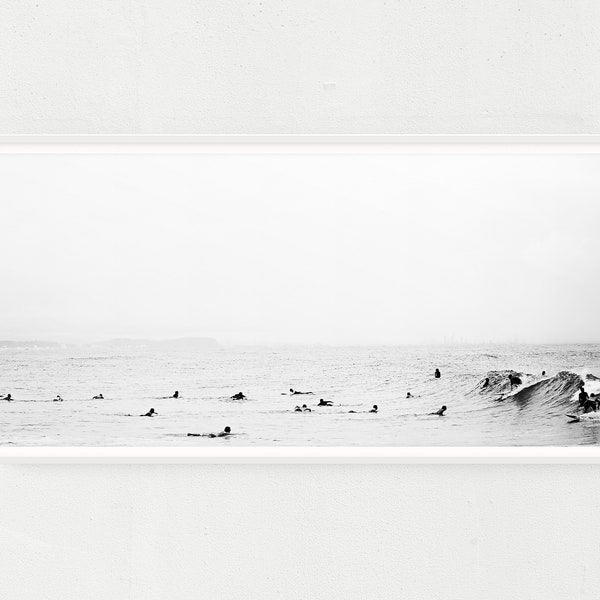 Black and White Panoramic Beach Wall Art, Surf Large Wall Canvas, XL Ocean Surfing Digital Print, Large Beach Decor Surf Photography Print