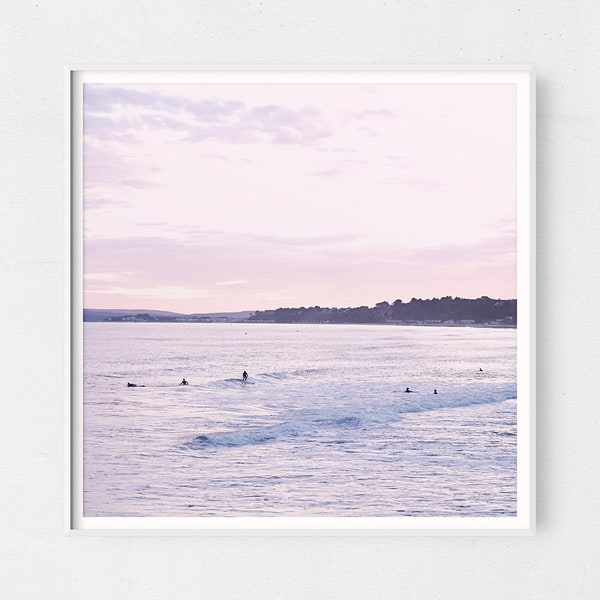 Large Square Sunset Beach Print, Baby Pink Pastel Sky Picture Ready to Print, Purple Ocean Waves Wall Art, 1x1 Ratio Surf Photo Digital Art
