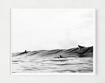 Black and White Surfers In The Ocean, Digital Print, Coastal Decor Digital Download, Vintage Style Surf Art