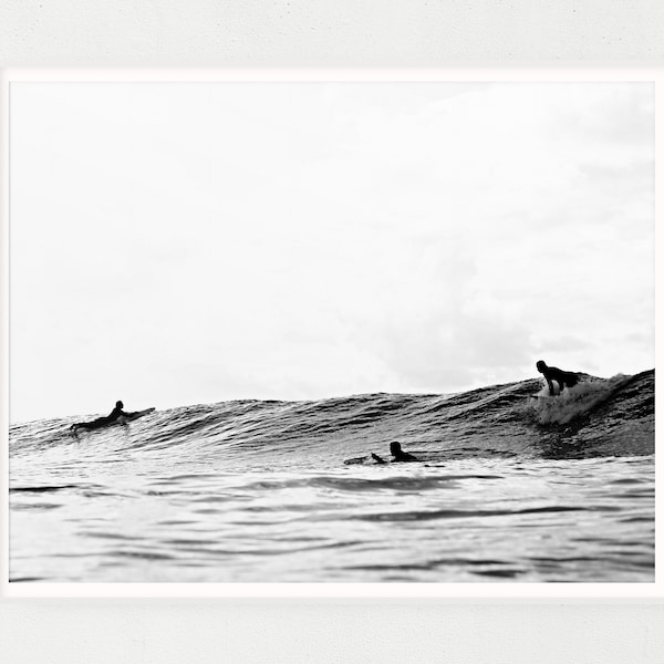 Black and White Surfers In The Ocean, Digital Print, Coastal Decor Digital Download, Vintage Style Surf Art