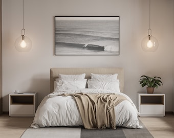 Arte mural de surf en blanco y negro: descarga digital de gran formato, fotografía de olas de surfistas, impresión costera minimalista, póster de surf instantáneo