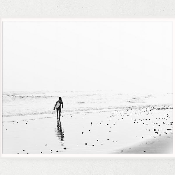 Black and White Female Surfer Carrying Surfboard, Digital Print, Coastal Decor, Vintage Beach Decor Digital Download, Vintage Style Surf Art