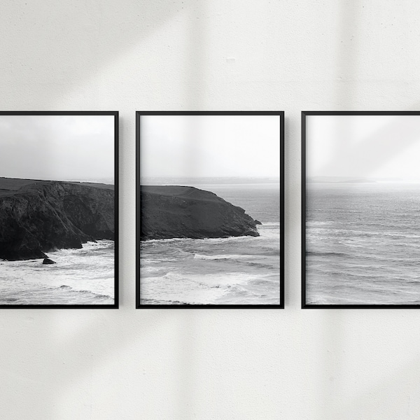 Black and White Panoramic Beach Wall Art, Set of Three Surf Photo Print, Large Stormy Ocean Waves Picture, XL Surfing Photography Art