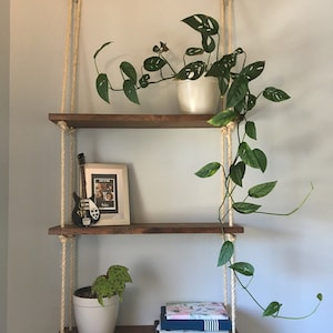 Handmade Wooden Three Tier Hanging Rope Shelves