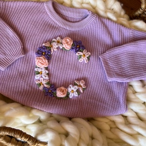 Embroidered Flower Initial Sweater Personalized Baby Sweater Toddler Inital Sweater Floral Initial Milestone Custom Initial Letter image 8