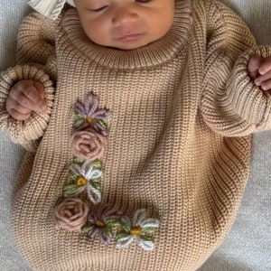 Embroidered Flower Initial Sweater Personalized Baby Sweater Toddler Inital Sweater Floral Initial Milestone Custom Initial Letter image 2