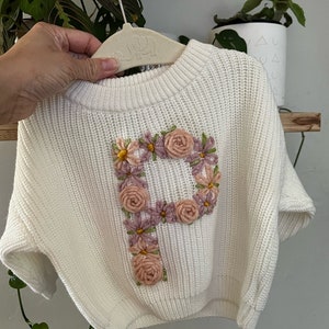 Embroidered Flower Initial Sweater Personalized Baby Sweater Toddler Inital Sweater Floral Initial Milestone Custom Initial Letter image 1