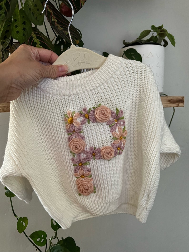 Embroidered Flower Initial Sweater Personalized Baby Sweater Toddler Inital Sweater Floral Initial Milestone Custom Initial Letter image 1