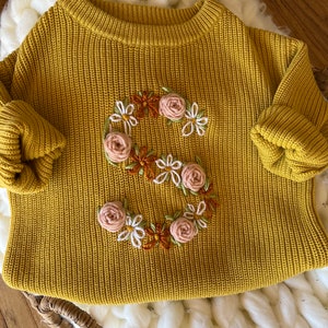 Embroidered Flower Initial Sweater Personalized Baby Sweater Toddler Inital Sweater Floral Initial Milestone Custom Initial Letter image 9