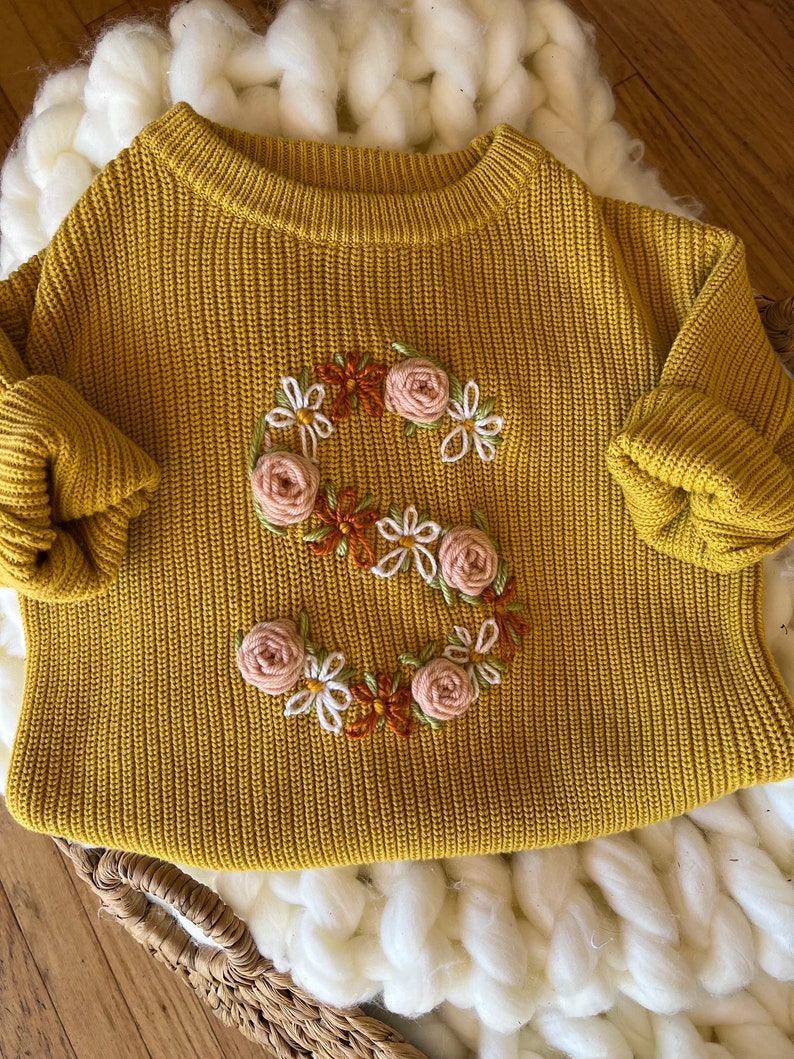 Embroidered Flower Initial Sweater Personalized Baby Sweater Toddler Inital Sweater Floral Initial Milestone Custom Initial Letter image 9