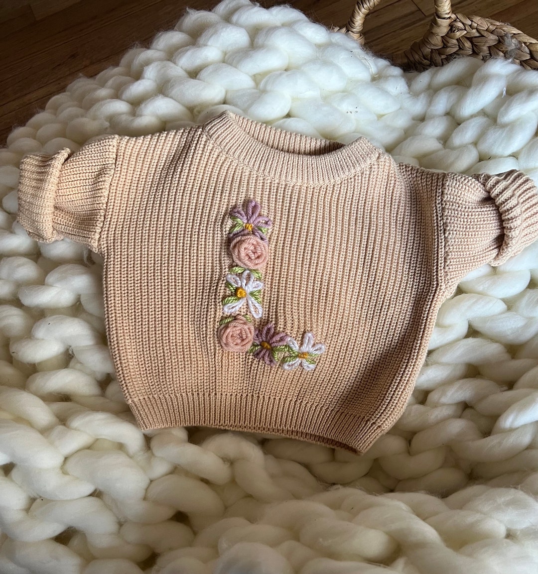 Hand Embroidered Flower Initial Sweater | Personalized Baby Sweater ...