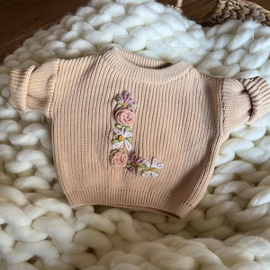 Embroidered Flower Initial Sweater Personalized Baby Sweater Toddler Inital Sweater Floral Initial Milestone Custom Initial Letter image 6