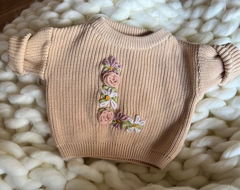 Hand Embroidered Flower Initial Sweater | Personalized Baby Sweater | Toddler Inital Sweater | Floral Initial | Milestone | Custom Initial