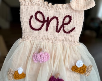 Custom Birthday Outfit  | First Birthday | Thanksgiving | Pumpkin | Embroidered | Milestone | Custom | One | Tulle Dress Baby Fall | Pie