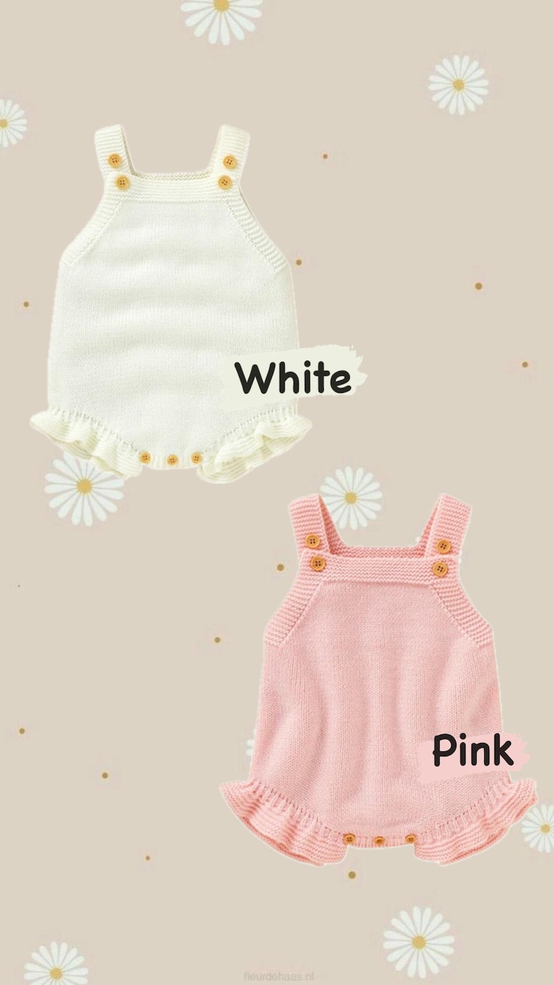May include: Two knitted baby rompers, one white and one pink, with wooden button details. The white romper has the word "White" and the pink romper has the word "Pink" written on it. Both rompers have a ruffled hem.