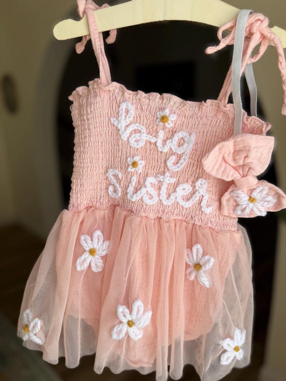 Hand Embroidered Sibling Outfit for Babies and Toddlers | Little Sister | Big Sister | Pregnancy Announcement | Tutu Dress | Sis