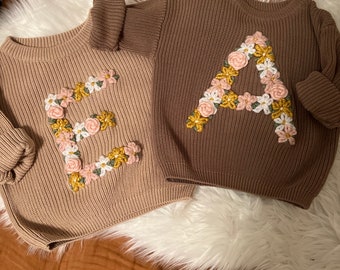 Embroidered Personalized Sweater, Large Embroidered Letter, Custom Sweater for Toddler, Custom Sweater for Baby, Floral Initial, Flower Baby