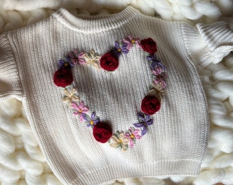 Embroidered Flower Heart Sweater | Personalized Baby Sweater | Toddler Custom Sweater | Floral Initial | Milestone | Custom Holiday Outfit