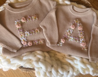 Embroidered Flower Initial Sweater | Personalized Baby Sweater | Toddler Inital Sweater | Floral Initial | Milestone | Custom Initial Letter