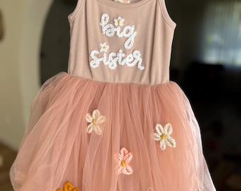 Vestido de punto bordado a mano para bebés y niños pequeños / Hermana pequeña / Hermana mayor / Anuncio de embarazo / Conjunto para niños pequeños / Primavera