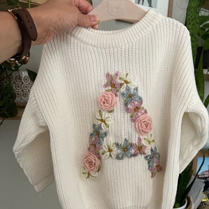 Embroidered Flower Initial Sweater Personalized Baby Sweater Toddler Inital Sweater Floral Initial Milestone Custom Initial Letter image 5