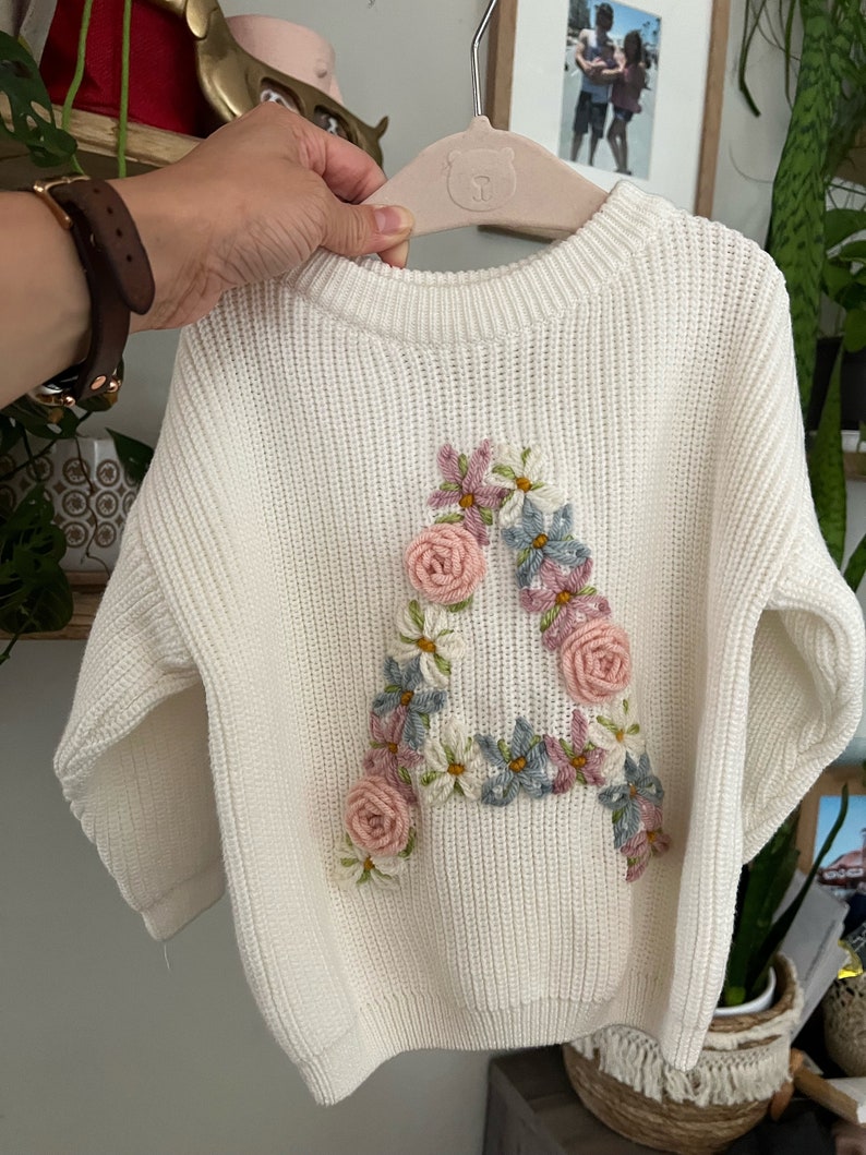 Embroidered Flower Initial Sweater Personalized Baby Sweater Toddler Inital Sweater Floral Initial Milestone Custom Initial Letter image 5