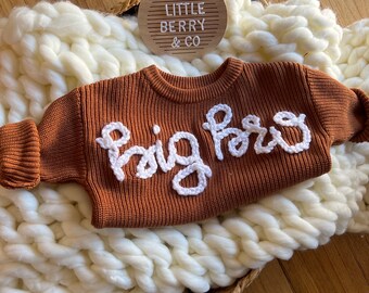 Hand Embroidered Sibling Knit Sweater for Babies and Toddlers | Little Sister | Big Sister | Little Bro | Big Bro