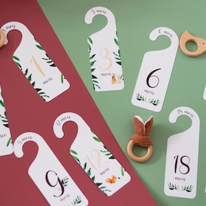 Peut inclure: Dix portes-manteaux blancs avec des motifs floraux verts et bruns. Chaque porte-manteau porte un numéro et le mot "mois". Les numéros vont de 0 à 36. Les portes-manteaux sont parfaits pour suivre la croissance d'un bébé.