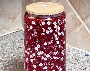 Snow Globe Tumbler, Glass Cup, Glass Can, Glitter Cup, Glitter Glass, Sports Cup, Sports Glass, Iced Coffee Glass, 20 oz glass, 15 oz glass