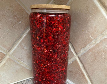 Snow Globe Tumbler, Glass Cup, Glass Can, Glitter Cup, Glitter Glass, Red Cup, Red Glass, Iced Coffee Glass, 20 oz glass, 15 oz glass