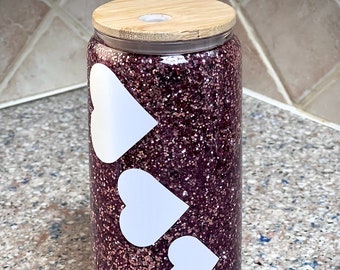 Snow Globe Tumbler, Glass Cup, Glass Can, Glitter Cup, Glitter Glass, Valentine Cup, Pink Glass, Iced Coffee Glass, 20 oz glass, 15 oz glass