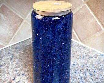Snow Globe Tumbler, Glass Cup, Glass Can, Glitter Cup, Glitter Glass, Blue Cup, Blue Glass, Iced Coffee Glass, 20 oz glass, 15 oz glass