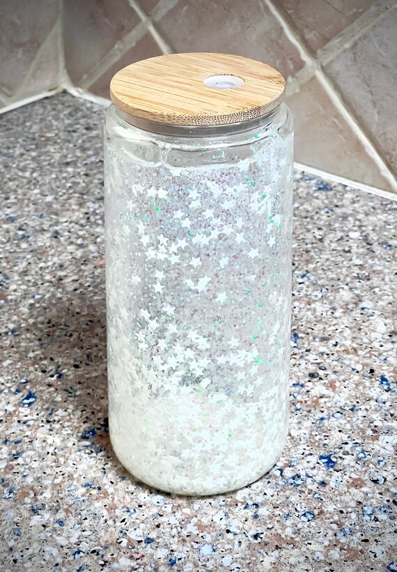 Snow Globe Tumbler, Glass Cup, Glass Can, Glitter Cup, Glitter Glass, Glow in the Dark Glass,Iced Coffee Glass,20oz glass,15oz glass,Stars