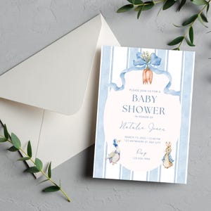 Invito baby shower, baby shower coniglietto, modificabile, invito baby shower, invito baby shower per maschietti, festa del bambino, baby shower con Peter Rabbit